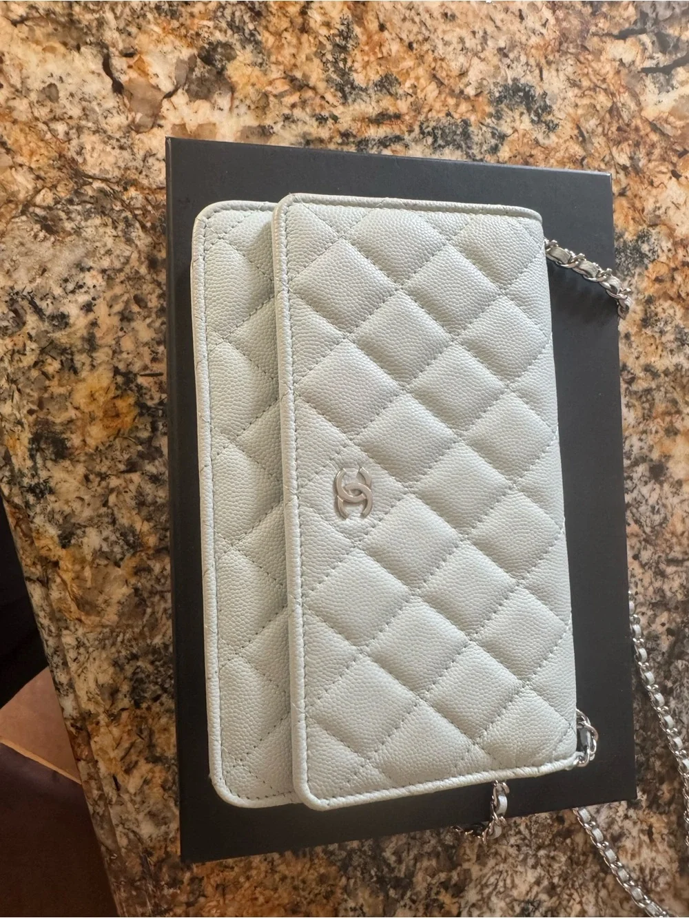 Chanel Quilted Leather Chain Wallet - Pale blue silver hardwear